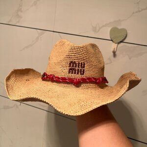Miu Miu Women's Beige Raffia Hat Red Accent